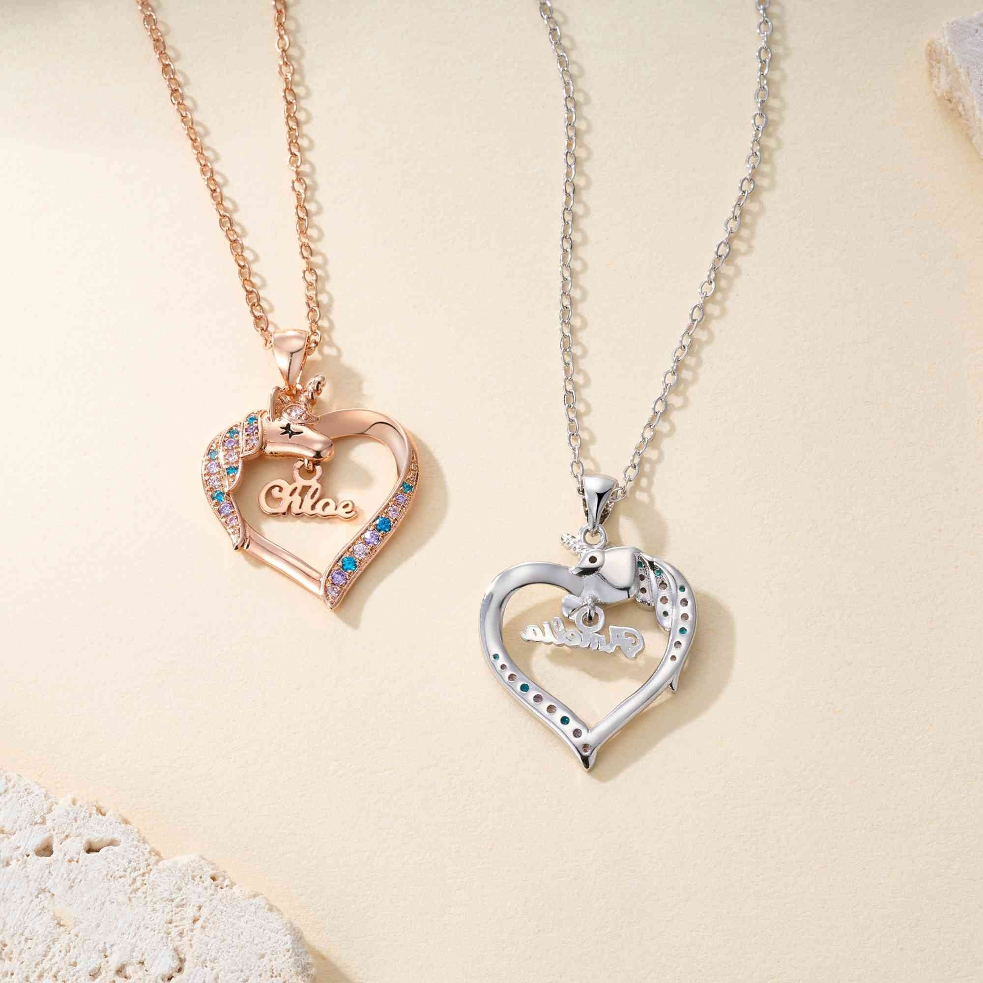 Rose gold and silver unicorn name necklaces with heart pendants