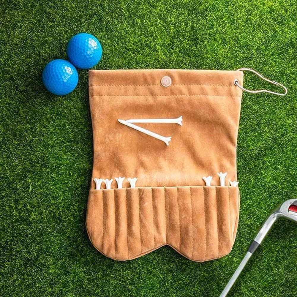 Golf ball sack open showing storage for golf balls and tees