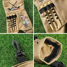 Light brown personalized golf ball bag showing tee holder and storage details