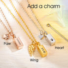 Personalized urn necklace with paw heart and angel wing charm options