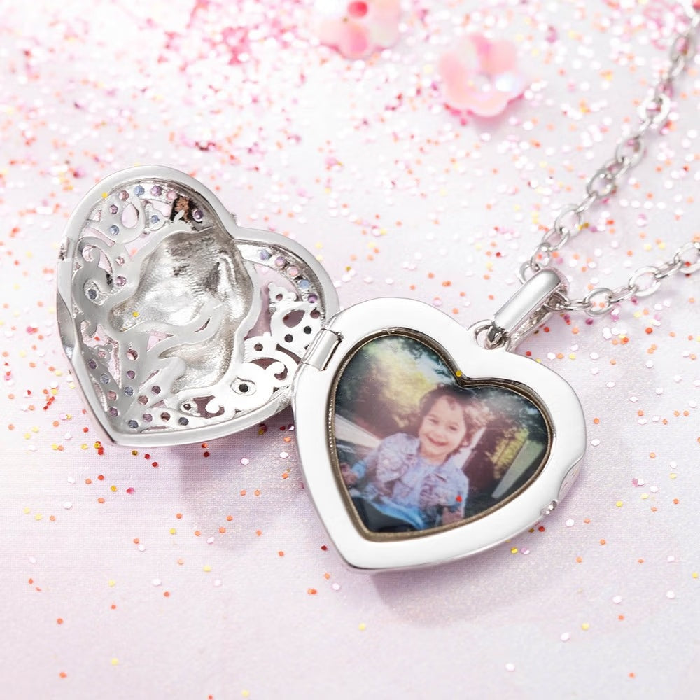 Personalized unicorn locket opened to show custom photo inside