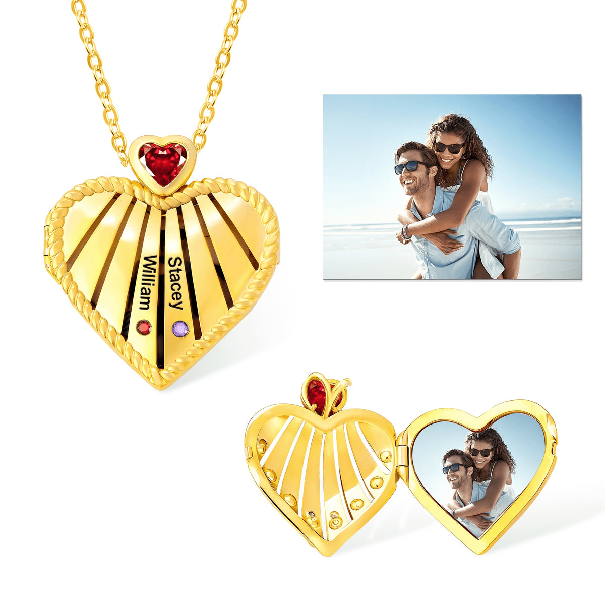 Custom gold heart locket with family names birthstones and personal photo