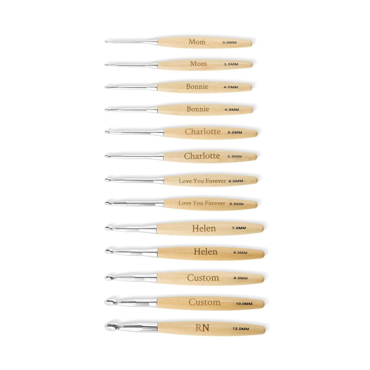 Crochet hook size range from 3 mm to 12 mm