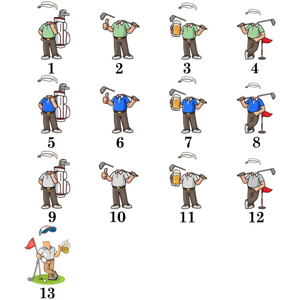 Male cartoon golfer character options for personalized golf ball sack