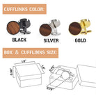 Cufflink finish and size guide showing black silver and gold personalized cufflinks