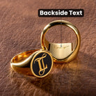 Personalized gold signet ring with custom backside text engraving