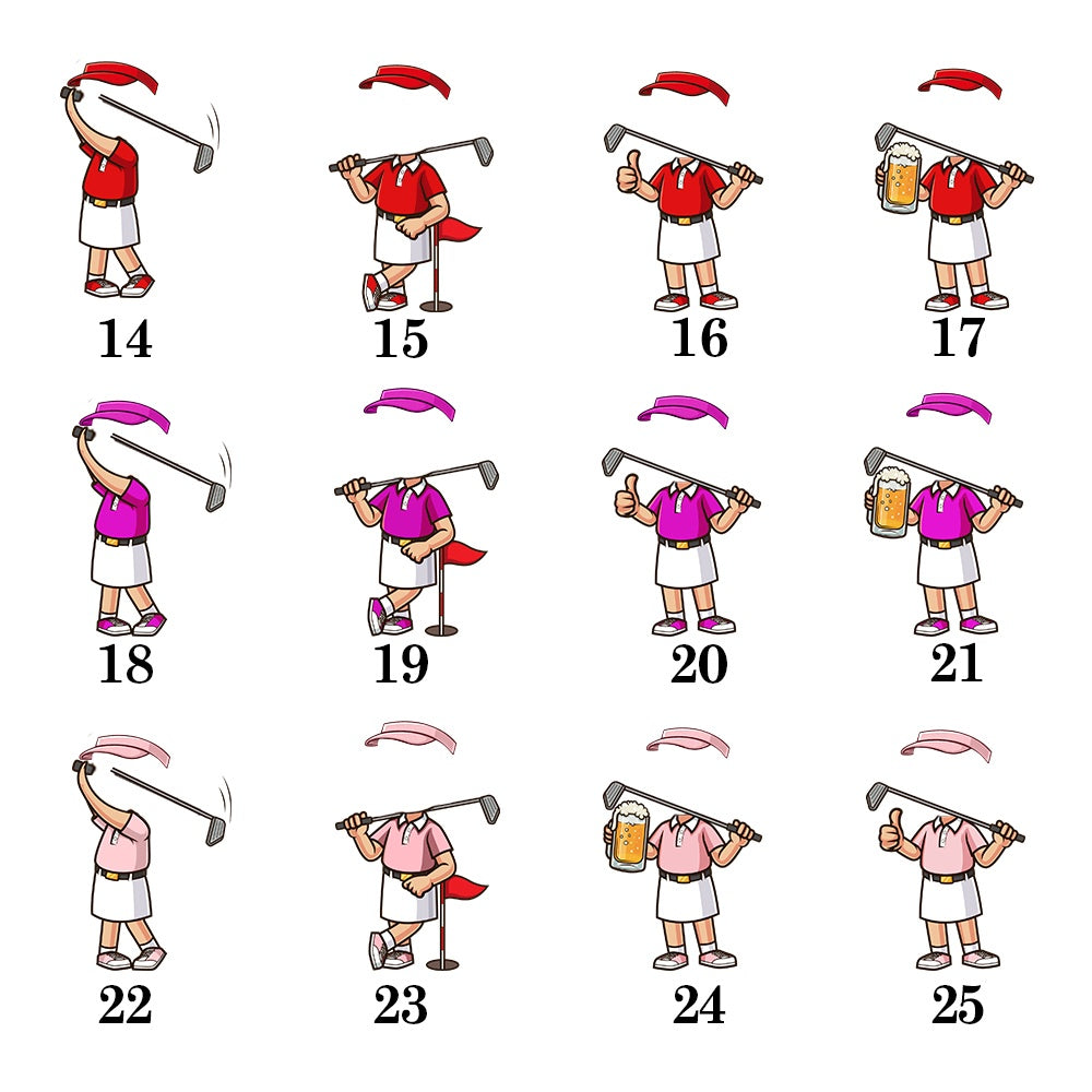 Personalized female cartoon golfer character design options for golf ball bag