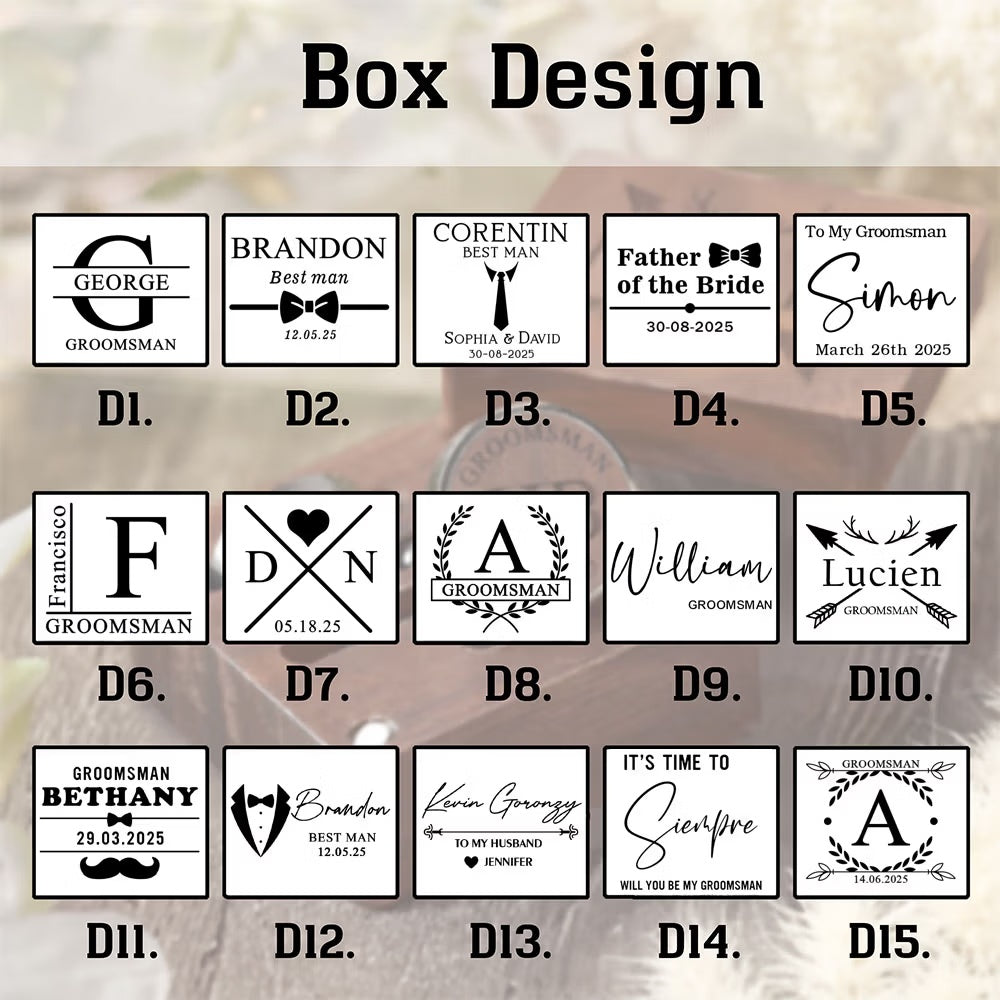 Personalized walnut cufflink box engraving design options for men and groomsmen