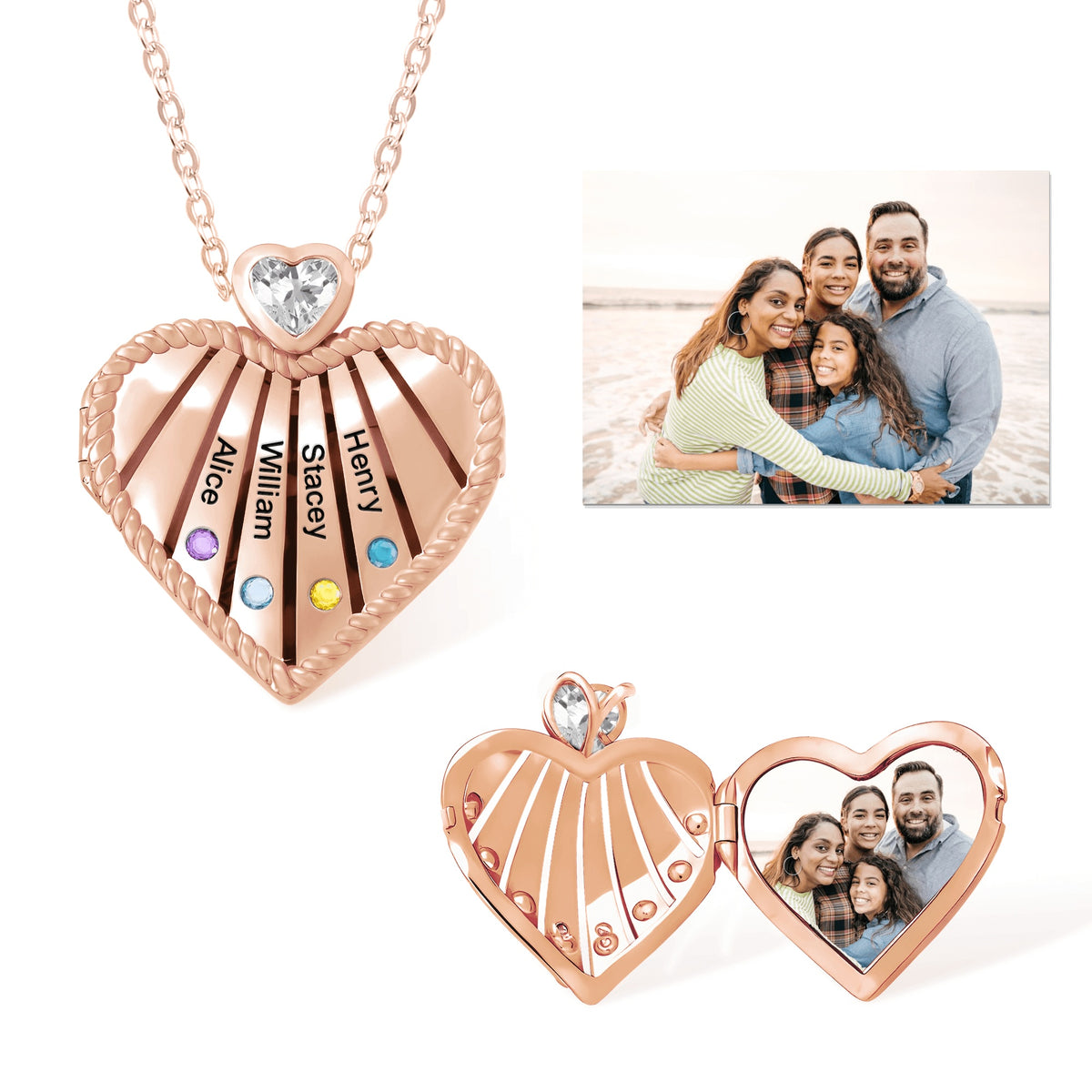 Rose gold personalized heart photo locket with names and birthstones