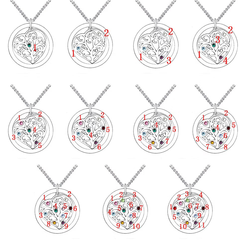 Heart family tree necklace name and birthstone personalization options