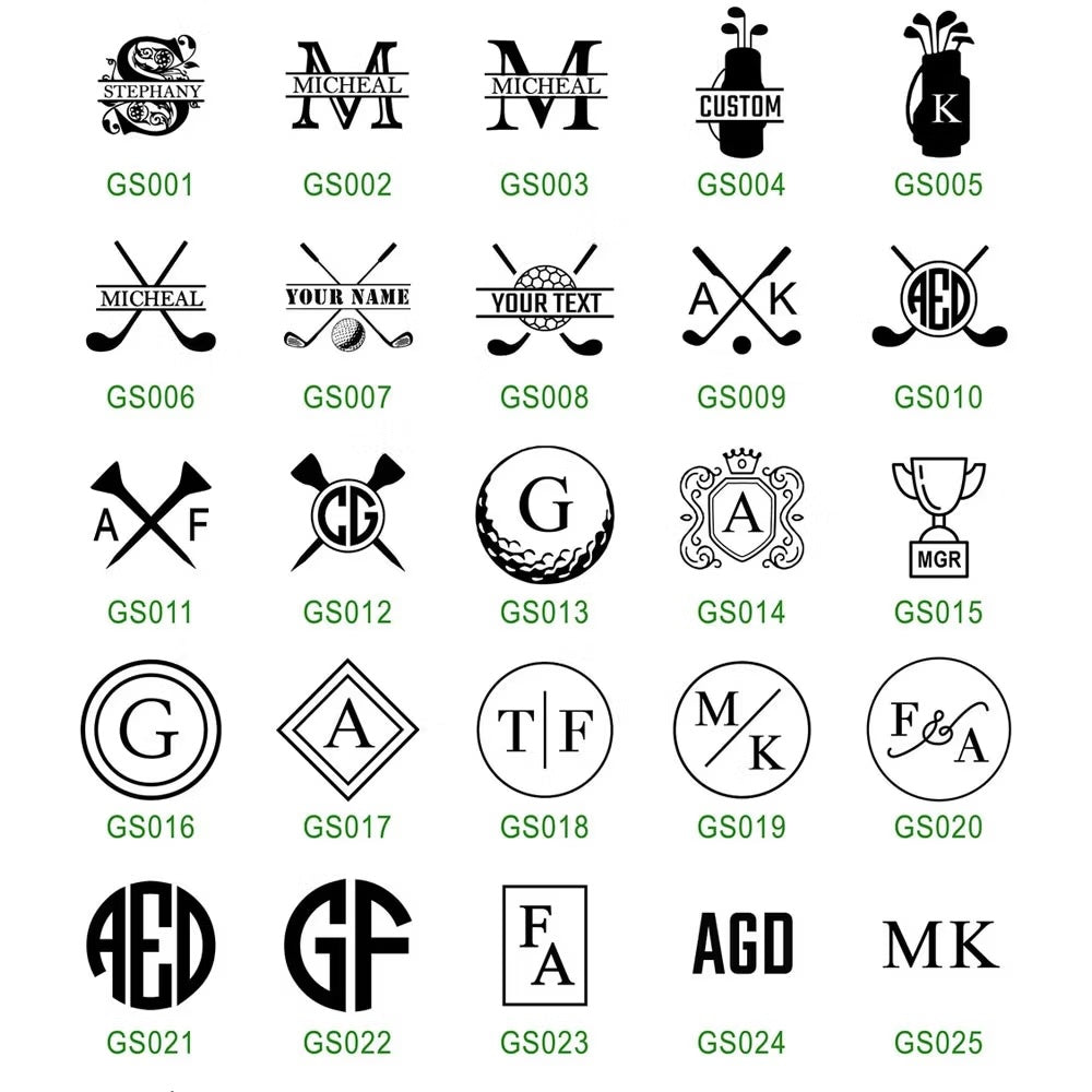 Personalized initials and logo choices for custom golf ball and tee holder