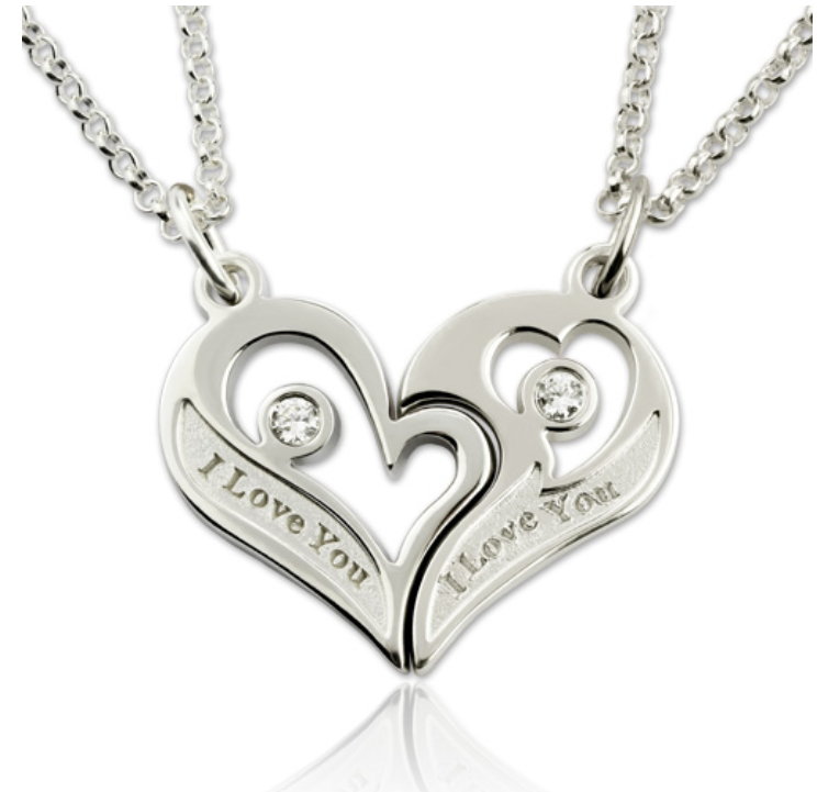 Sterling Silver Breakable Heart Necklace for Couples - Custom Engraved with Birthstones - Matching Pendant Set