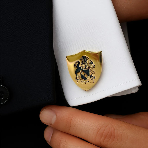 Custom Family Crest Cufflinks – Engraved Shield Design for Men