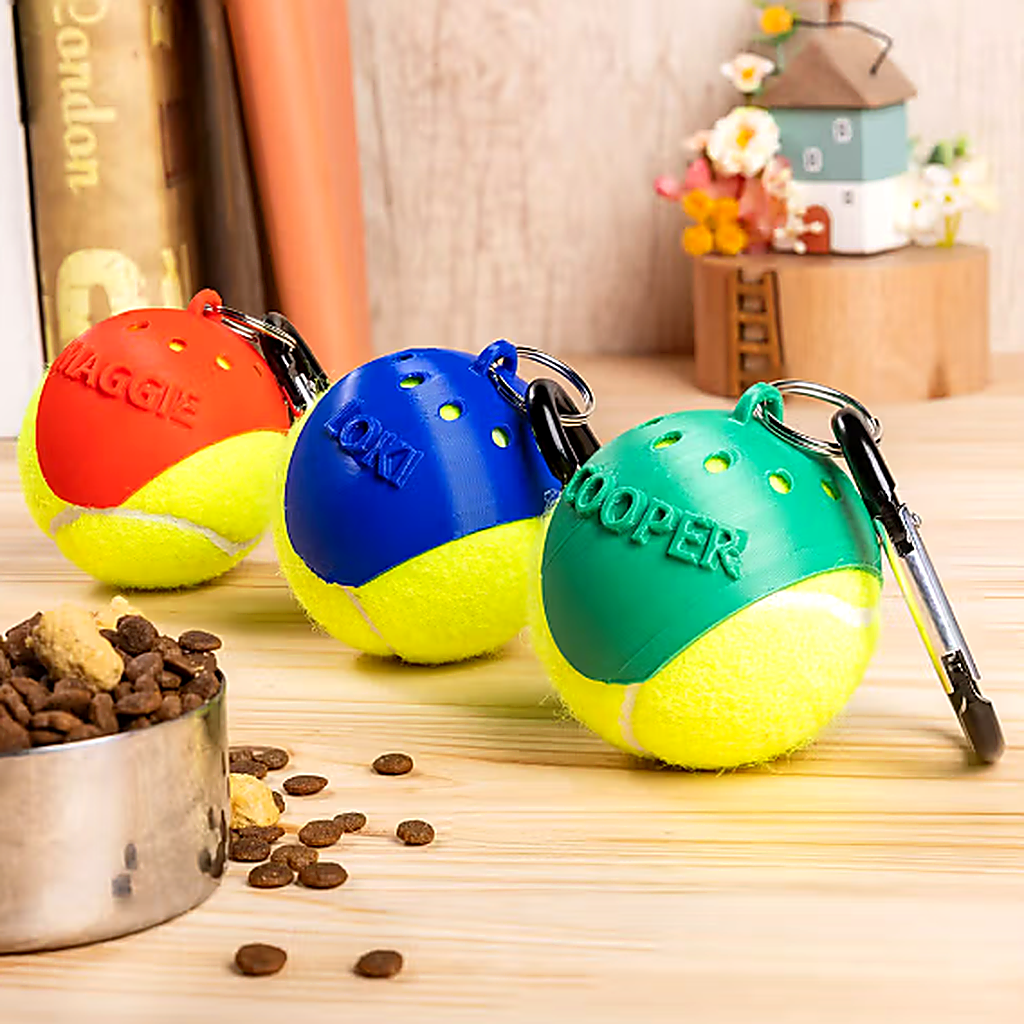 Personalized tennis ball holders for dog leashes in red blue and green