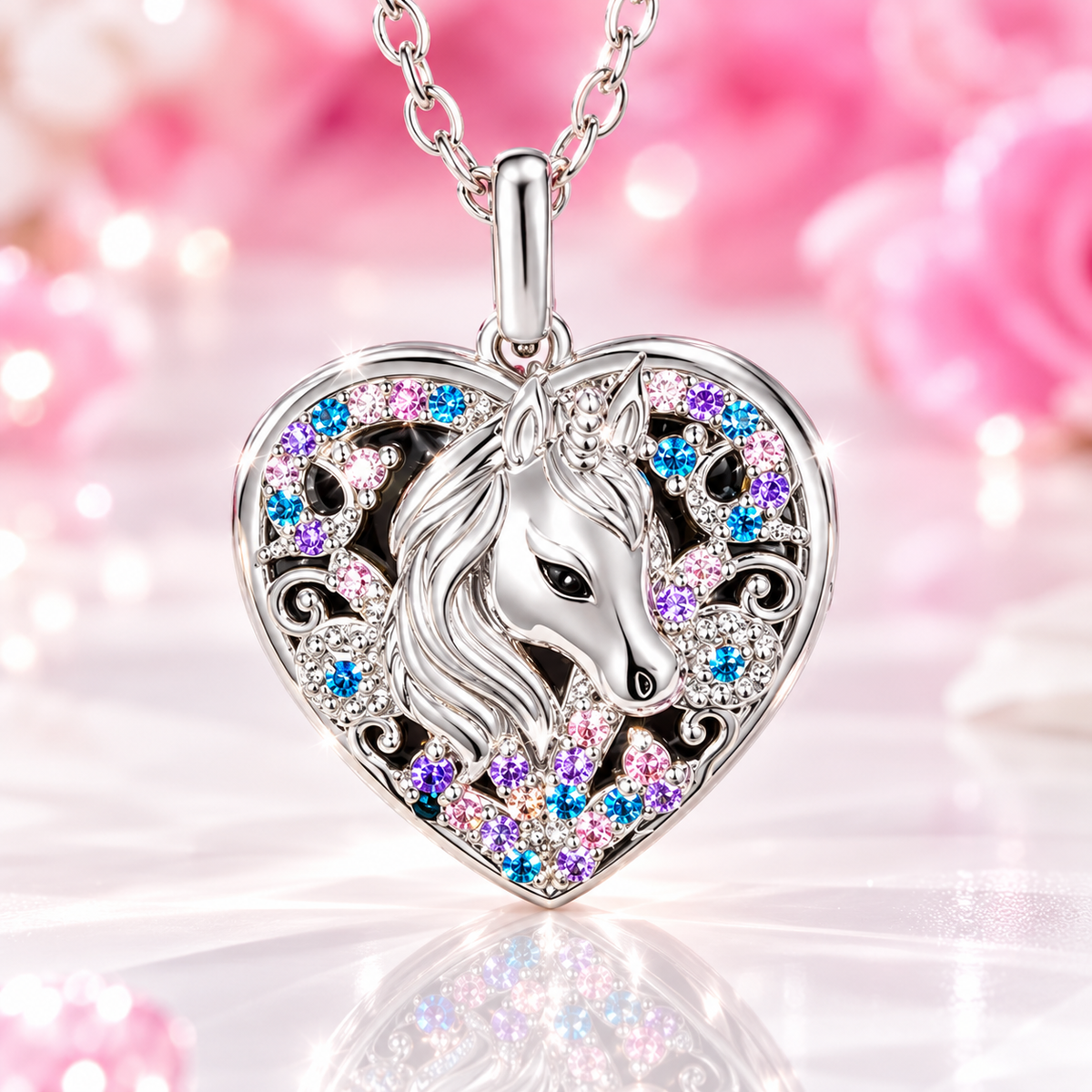 Girl wearing a personalized unicorn heart locket necklace