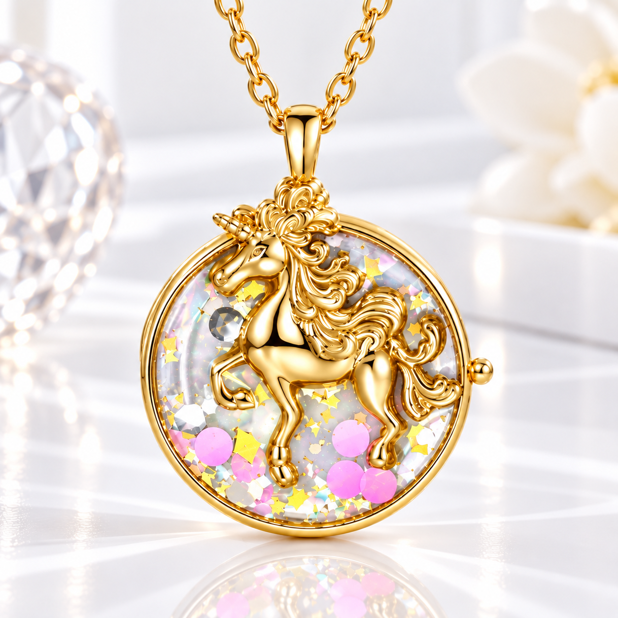 Gold personalized round unicorn photo locket necklace for girls