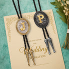 Custom bolo ties with engraved initials J and P, perfect for wedding gifts or personalized jewelry.