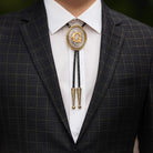 Custom bolo tie with gold letter G, personalized men's jewelry for formal wear