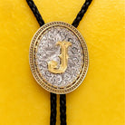 Custom bolo tie with engraved letter J, personalized jewelry for men, gold and silver tone design