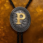 Personalized bolo tie with gold letter P on ornate silver pendant, custom engraved jewelry gift