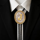 Custom bolo tie with gold letter J, personalized men's jewelry for formal wear