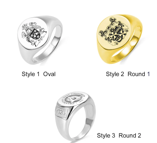 Oval and round custom crest signet ring styles shown in silver and gold finishes