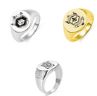 Custom crest signet rings in silver and gold tones with personalized heraldic designs