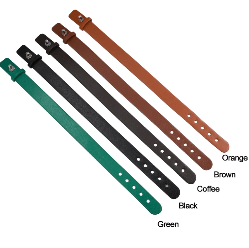 Assortment of leather bracelet straps in Green, Black, Coffee, Brown, and Orange, each with adjustable holes and a buckle.