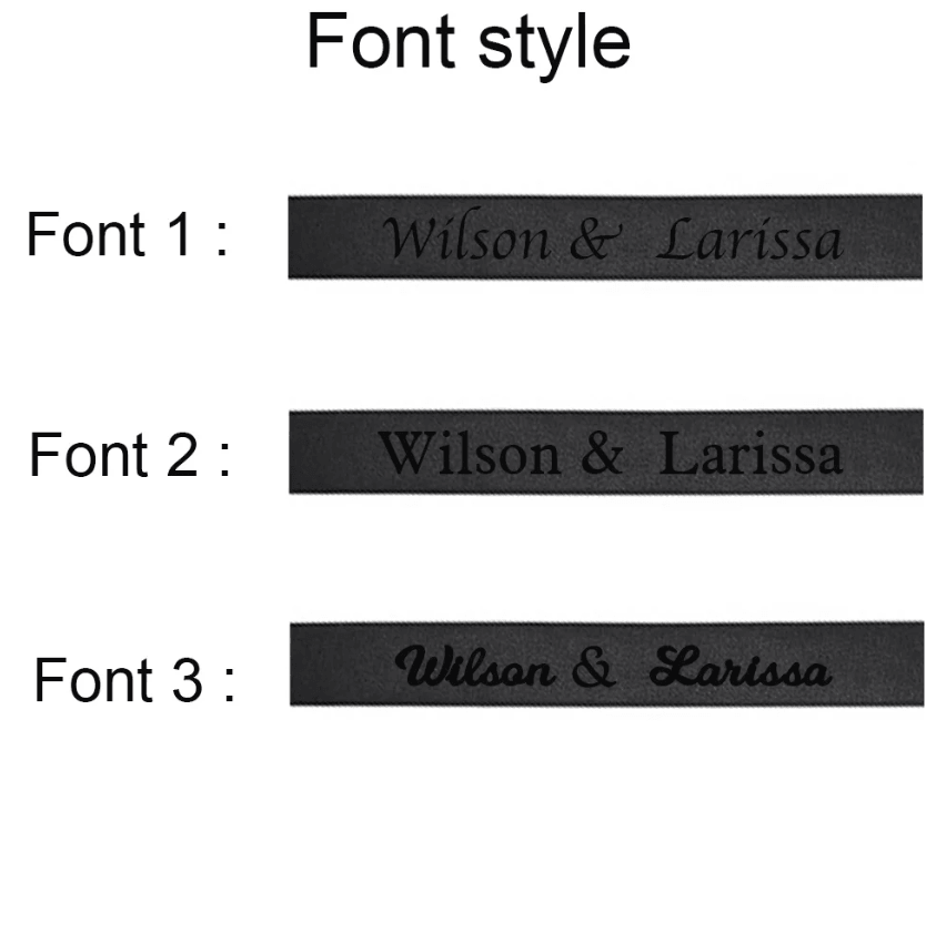 Three different font styles for engraving 'Wilson & Larissa' on black leather, displayed as Font 1, Font 2, and Font 3."