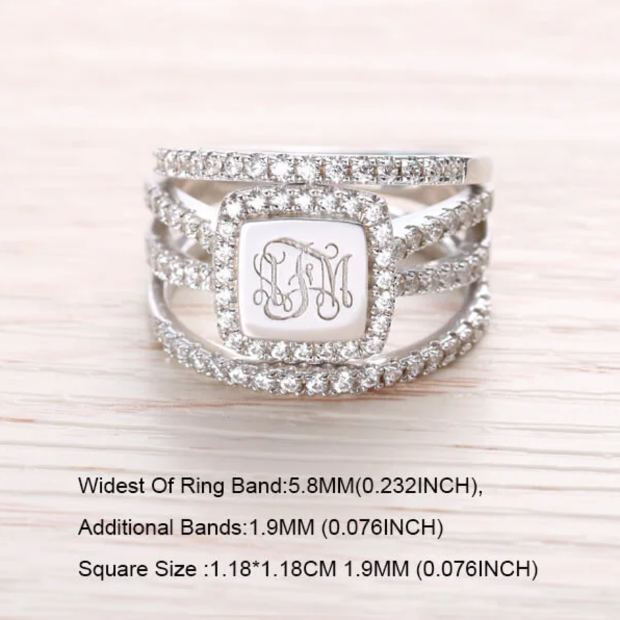 Sterling Silver Monogram Stackable Ring, Heart, Square, Round Monogram Ring, Diamond Monogrammed Ring, Square Initial Stackable Ring Set