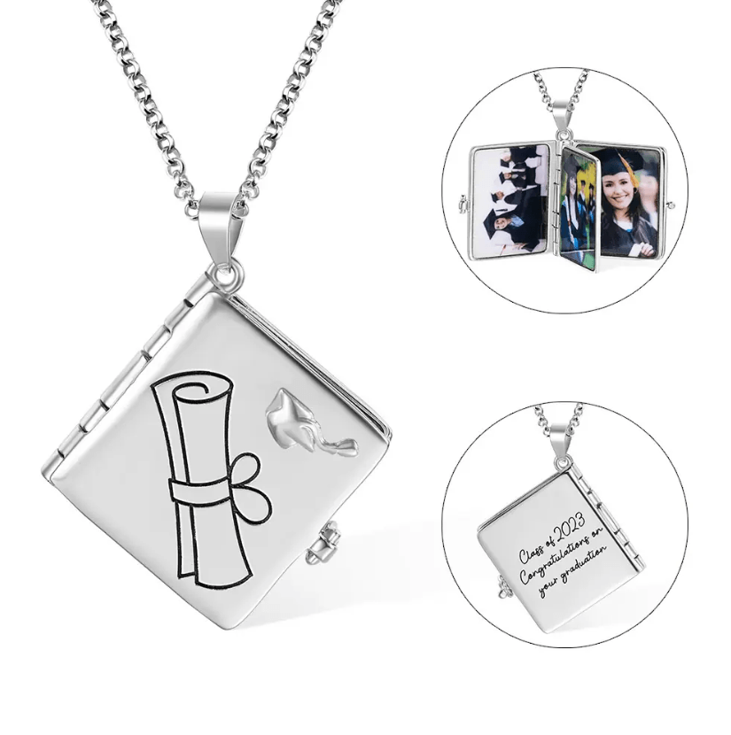 Personalized Graduation Album Necklace in platinum, featuring a custom photo pendant with engraved message, ideal graduation gift in platinum, gold, or rose gold.