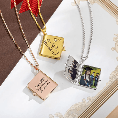 Personalized Graduation Album Necklaces in gold, rose gold, and silver, featuring custom photo pendants and engraved messages, perfect for graduation gifts.