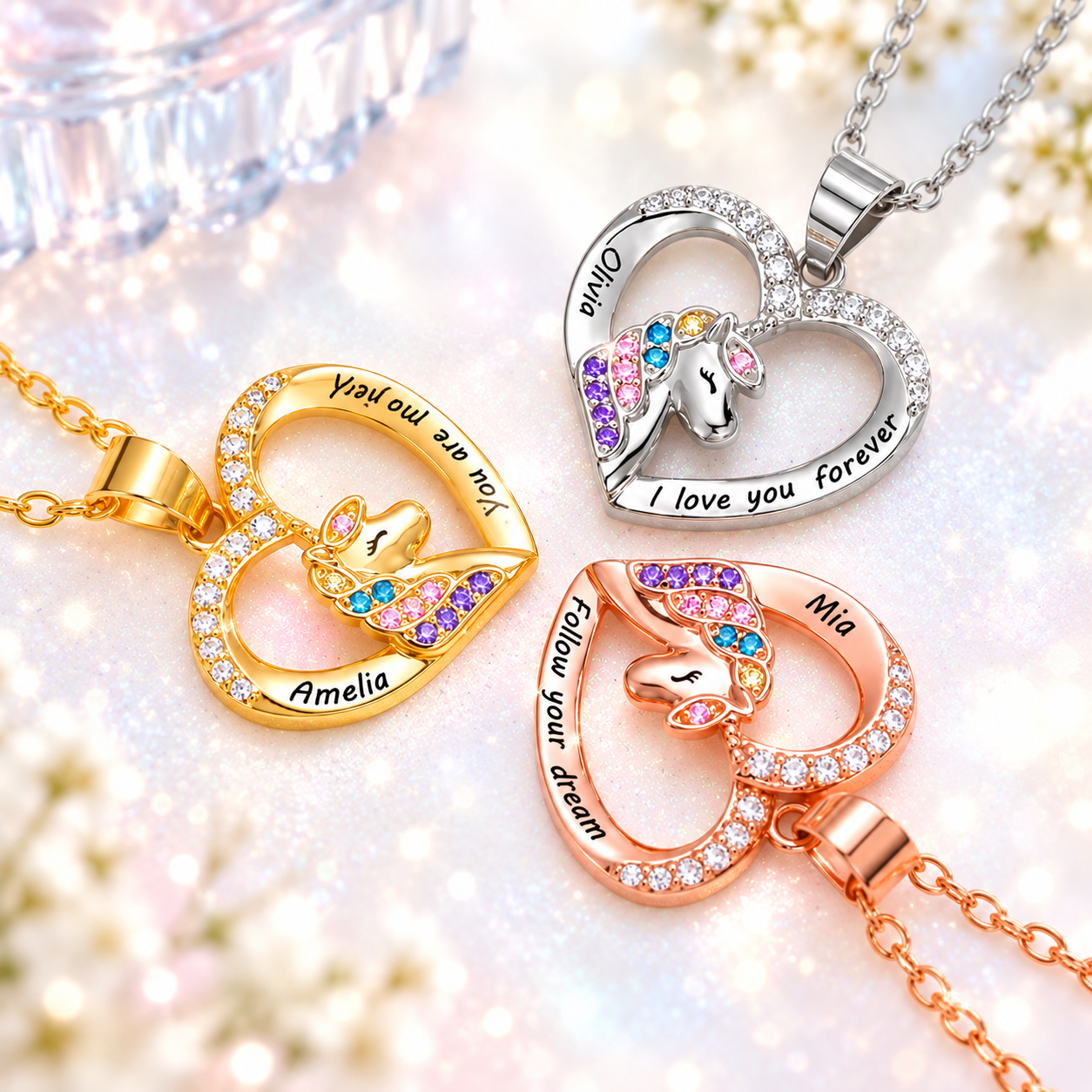 Personalized unicorn heart necklaces in gold, silver and rose gold finishes