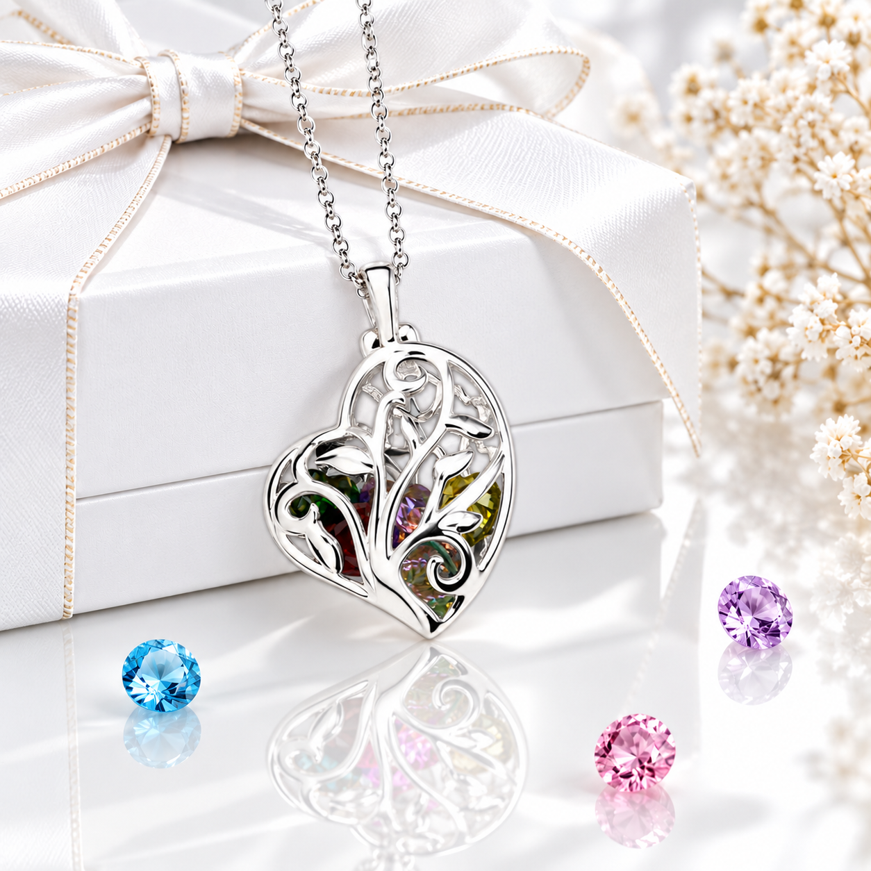 Sterling silver heart cage family tree necklace on black background