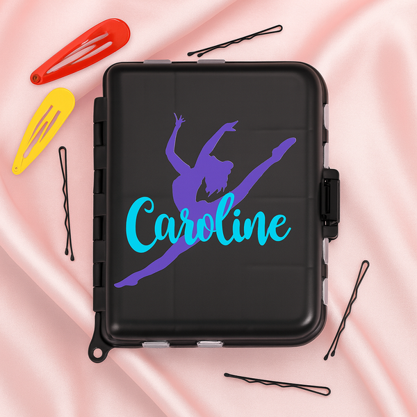 Personalized black case with purple dancer silhouette and 'Caroline' in blue, surrounded by colorful hair clips