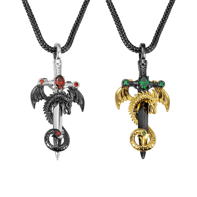 Two dragon-themed pendants with swords: one in silver with red gems, and one in gold with green gems, both on black chains.