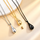 Teardrop urn necklaces for ashes with removable screw closure
