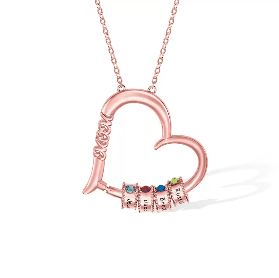 Customizable Birthstone Heart Necklace - Engraved Family Names Pendant, Ideal Gift for Mothers & Grandmothers