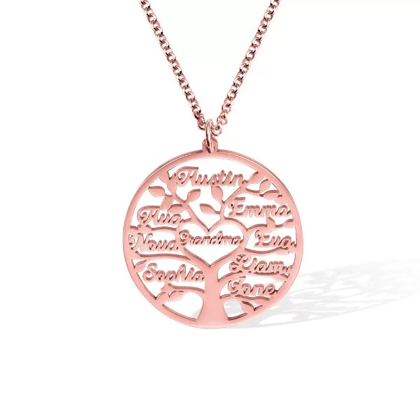 Rose gold personalized family tree necklace with name engraving