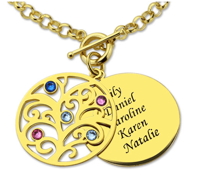 A gold charm bracelet with a toggle clasp, featuring a tree pendant with colored gemstones and a round disc engraved with the names Lily, Daniel, Caroline, Karen, and Natalie.