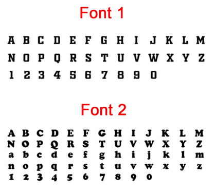 Two font options labeled "Font 1" and "Font 2" with uppercase letters, numbers, and in the case of Font 2, lowercase letters.