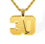 Gold-tone hockey jersey-shaped pendant with 'HENRY' and number '30' engraved, on a braided chain.
