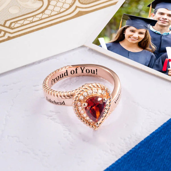 Pear-Shaped Birthstone Graduation Ring with Name & Year