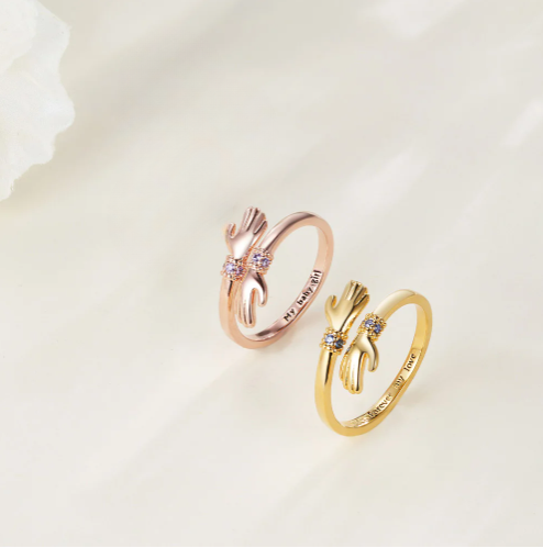 Engraved hand gesture rings with cubic zirconia, personalized jewelry for special occasions