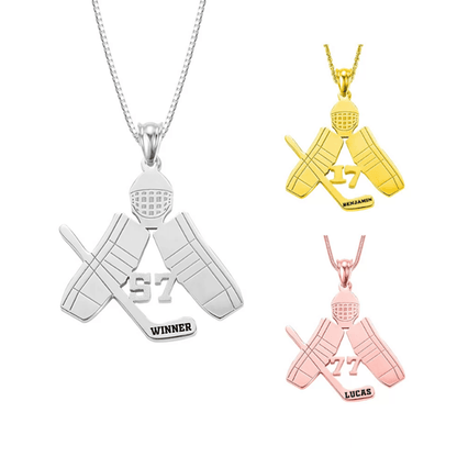 Personalized Hockey Goalie Necklace in gold, silver, and rose gold. Features custom engravings with a name and jersey number. Perfect for hockey and ice hockey fans.
