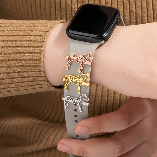 Personalized horse name charms on Apple Watch band, custom engraved for equestrian lovers