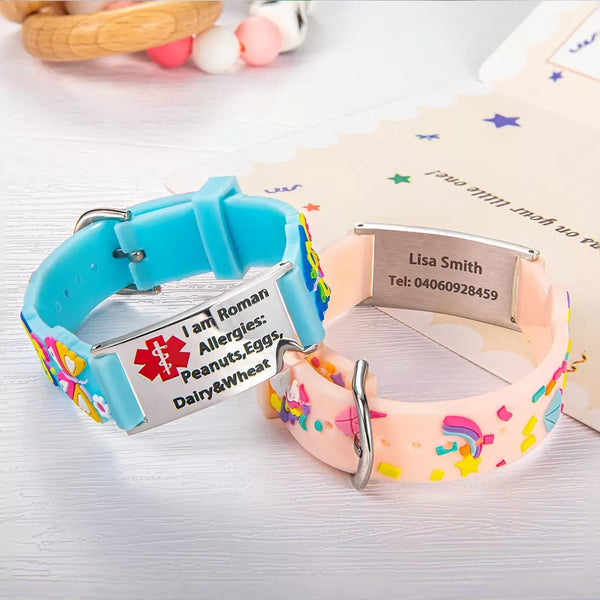 Personalized kids medical alert bracelets with allergy info and contact details, colorful silicone bands