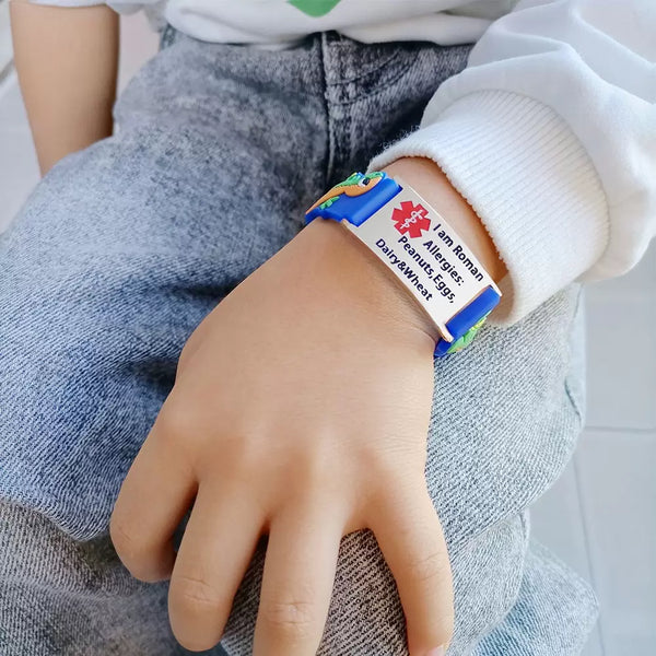 Personalized kids medical alert bracelet, adjustable silicone ID band with custom engraving for safety and allergies