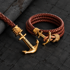 Custom name anchor bracelet in gold with brown braided leather