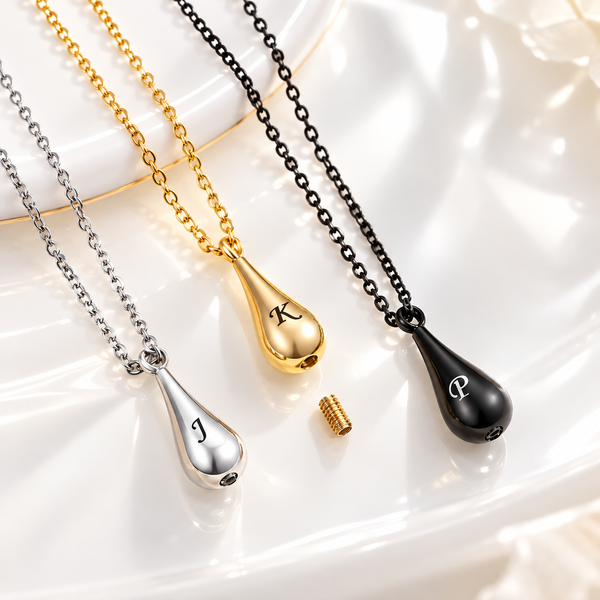 Personalized teardrop urn necklace for ashes with engraved initial